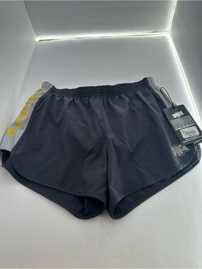 Women’s Black Athletic Shorts with Grey Side Panel and Yellow Accent